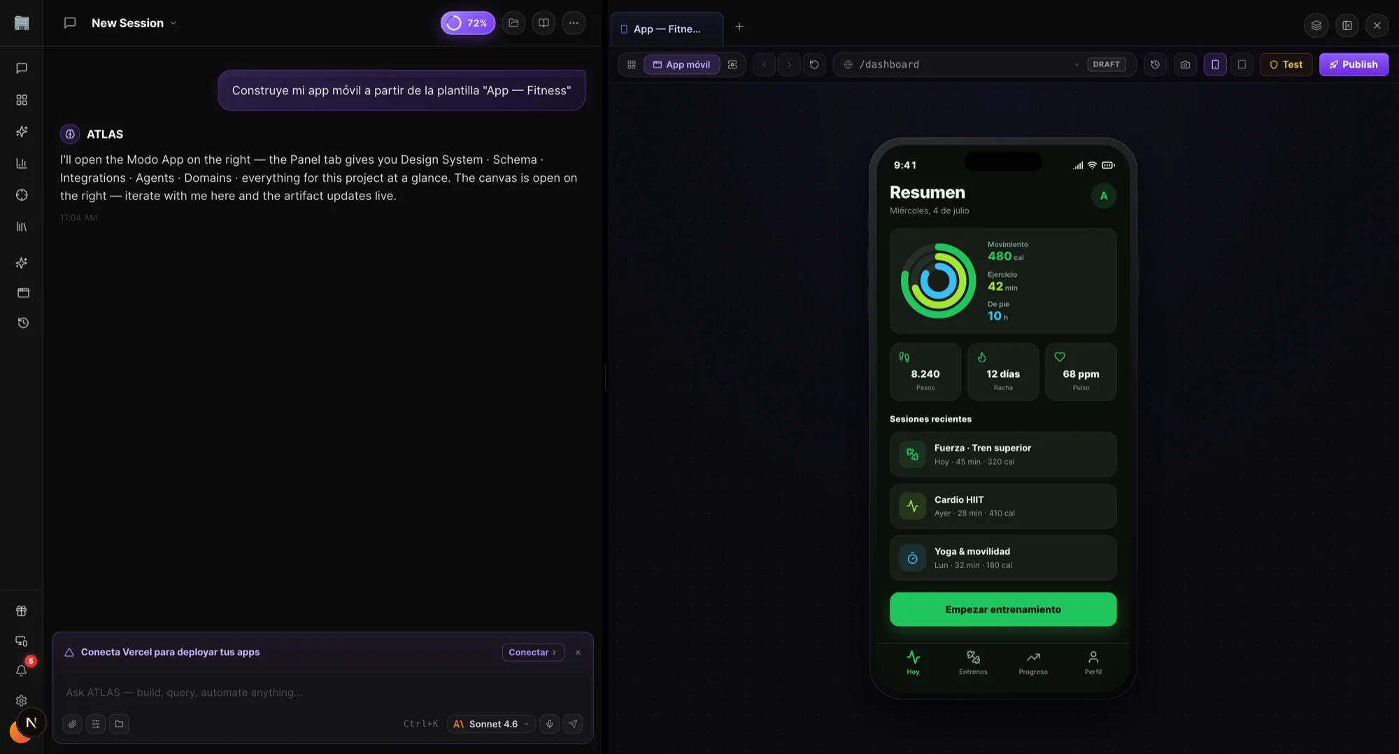 NeuralOS · construir una app móvil desde una plantilla — chat con ATLAS a la izquierda y la app fitness renderizada en un marco de teléfono real a la derecha
