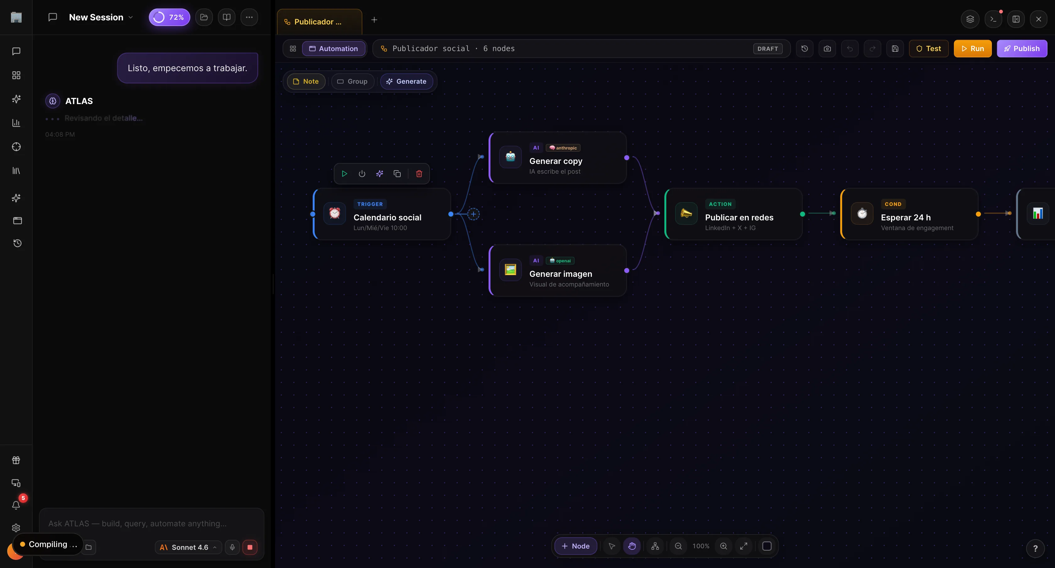 NeuralOS · el flujo "Publicador social" pre-armado con sus 6 nodos conectados en el lienzo — Calendario social, Generar copy e imagen, Publicar en redes, Esperar 24h y Registrar métricas