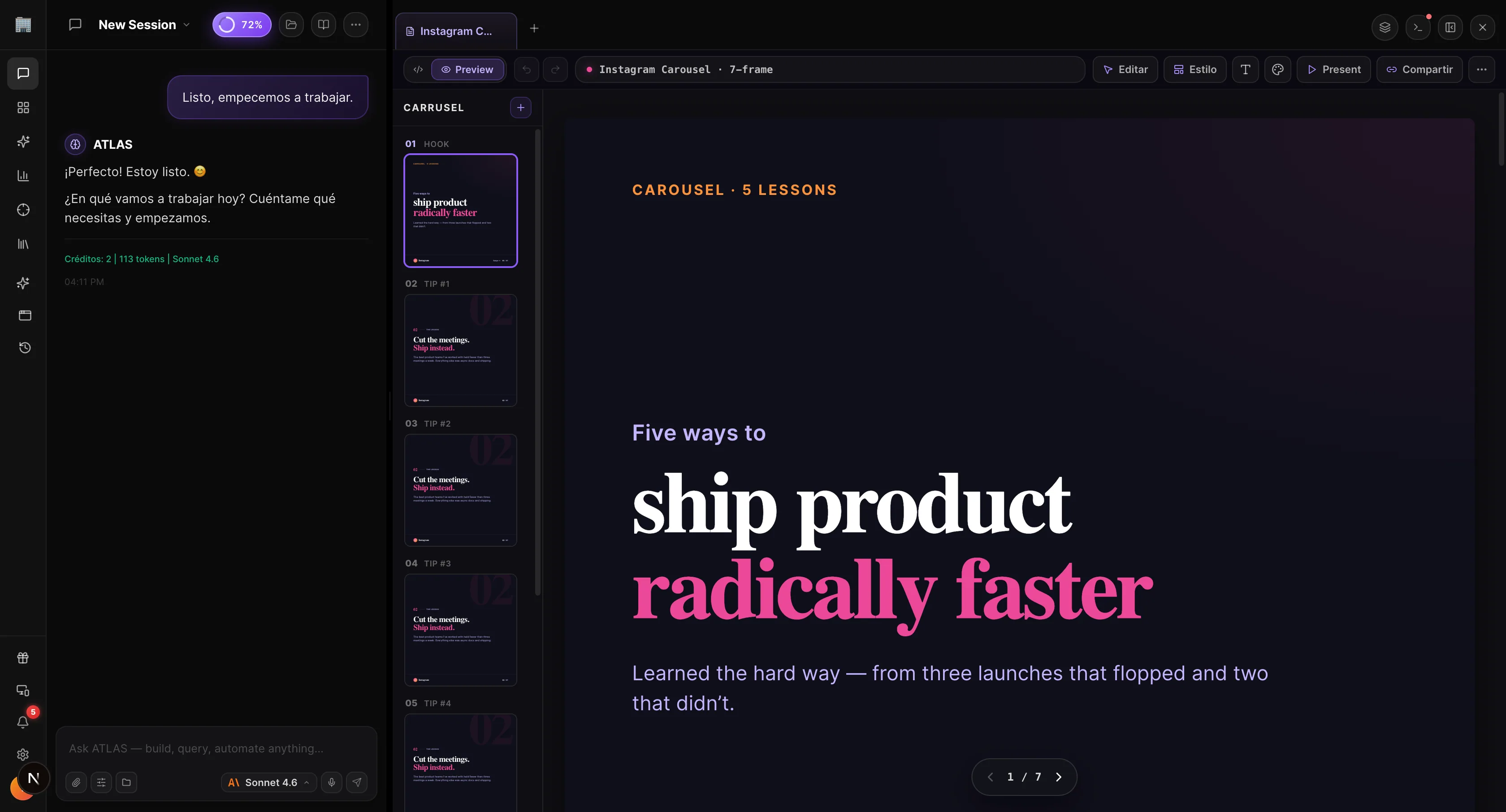 NeuralOS Creator Studio · un carrusel de Instagram abierto — rail vertical de láminas con la portada "ship product radically faster"