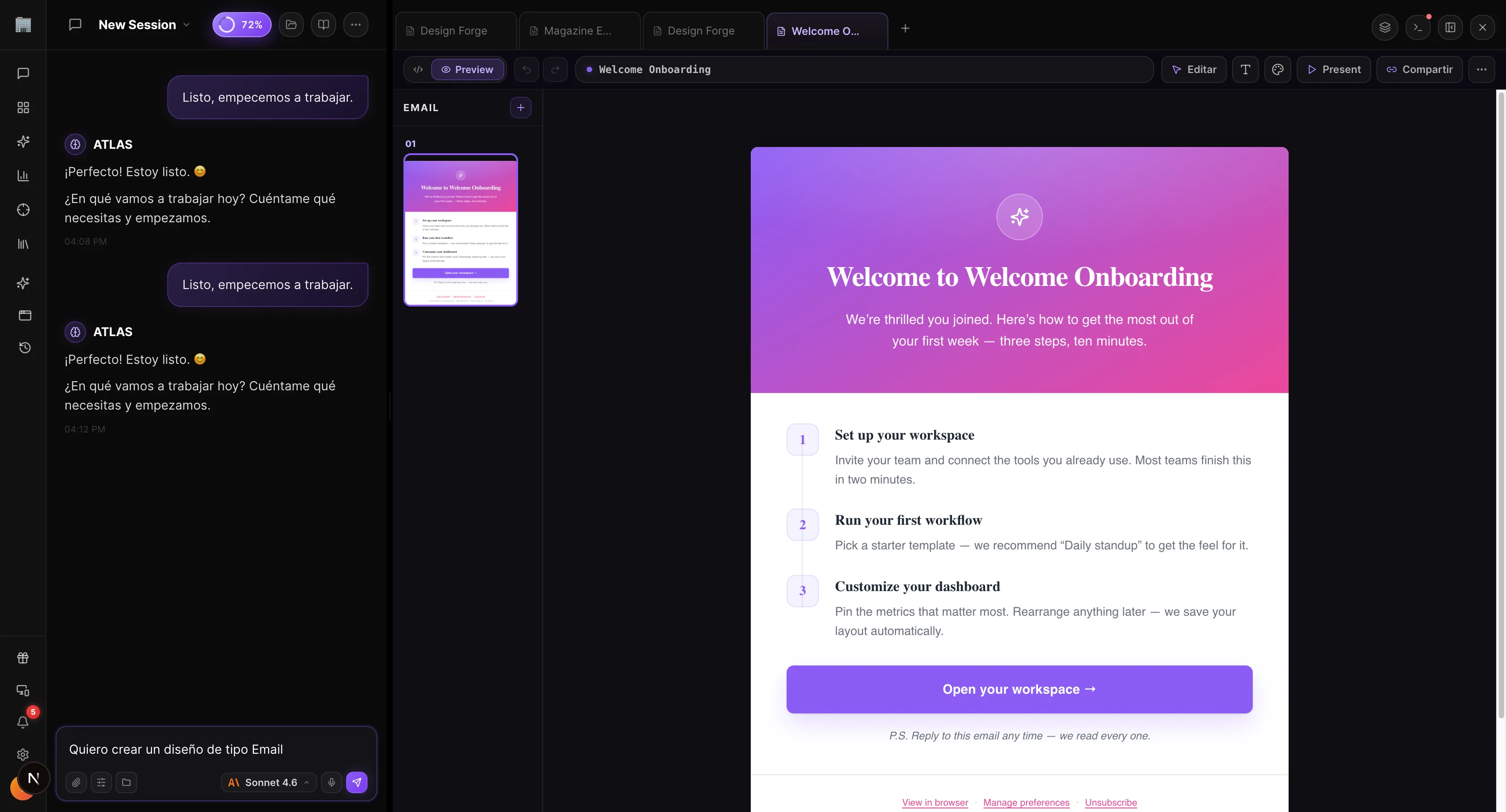 NeuralOS Creator Studio · un email "Welcome Onboarding" abierto — hero con gradiente y tres pasos de bienvenida