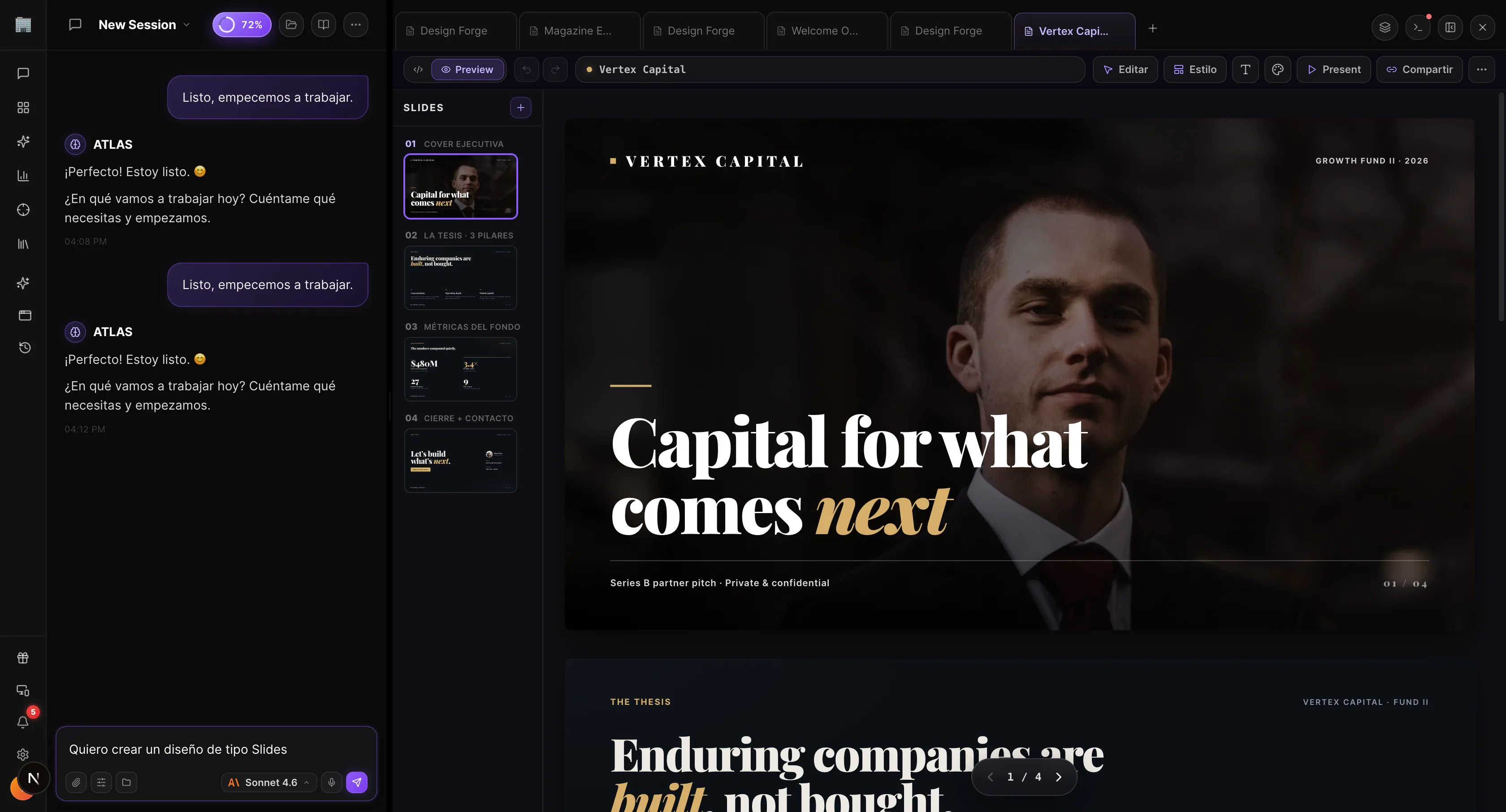 NeuralOS Creator Studio · un pitch deck "Vertex Capital" abierto — 4 slides 16:9 con portada ejecutiva Series B