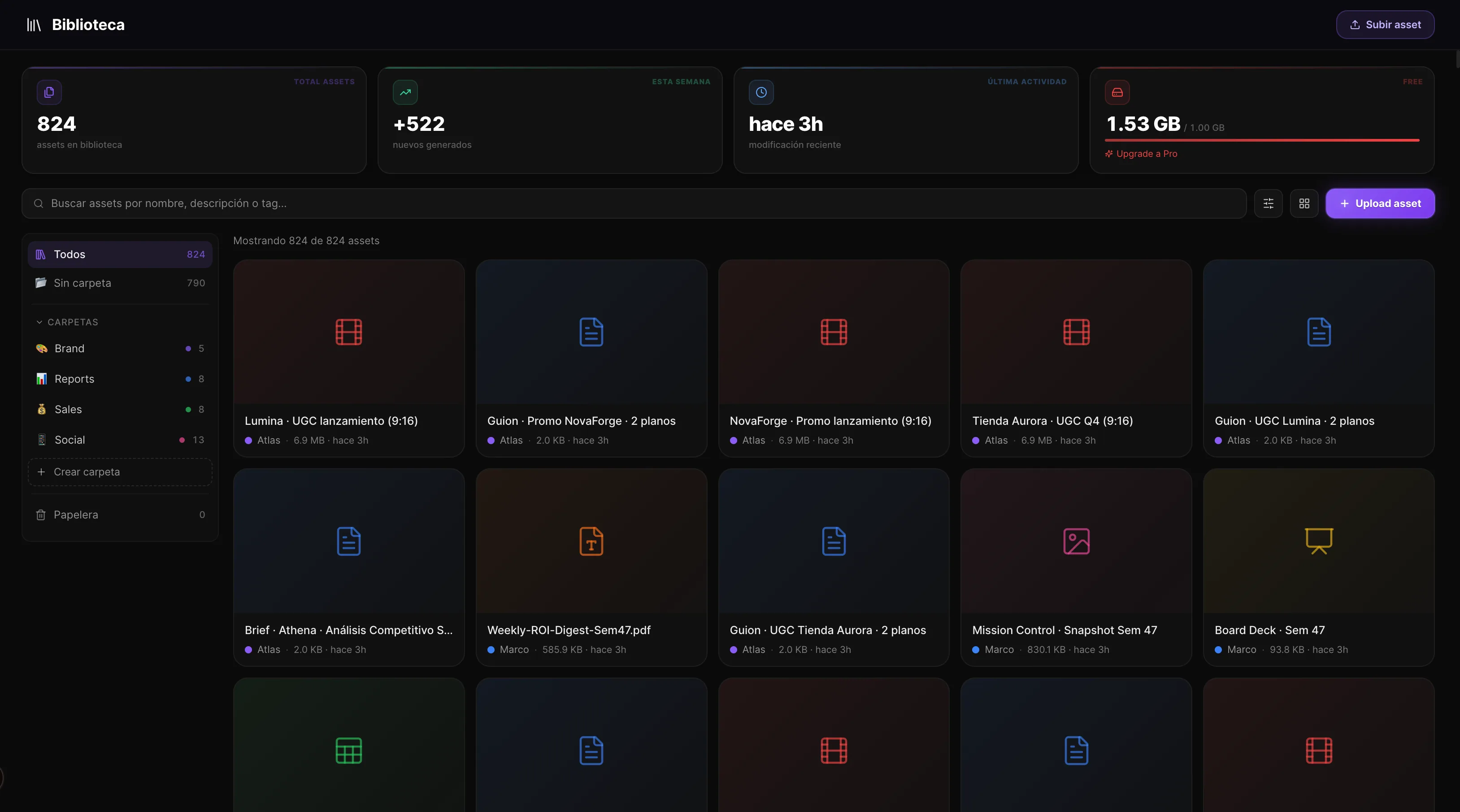 Library — todos los recursos y entregables, organizados en carpetas