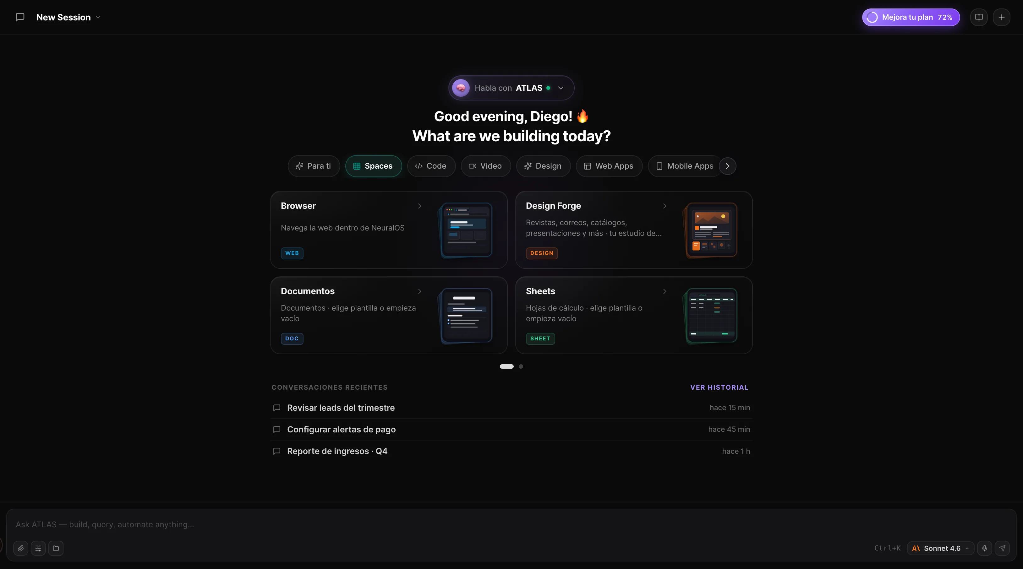 Spaces — los entornos: Browser, Design Forge, Documents y Sheets, además de las conversaciones recientes